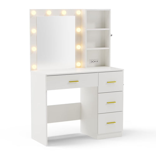 Makeup Vanity with Mirror and 3 Color Lights,Vanity Dressing Table with USB Charging Station,4 Drawers,Open Storage Shelves,White
