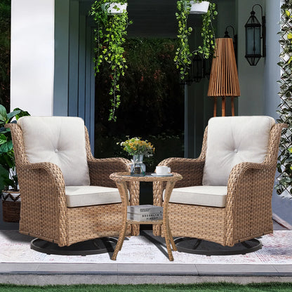 POCASSY 3 Piece Patio Set Outdoor Wicker Glider Rocking and Swivel Chairs with Cushions