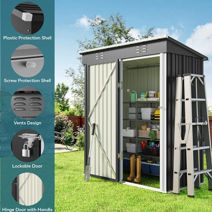 5'x3' Outdoor Storage Shed, Lofka Metal Storage Tool Shed with Single Lockable Door, for Bike| Garden Tools| Patio, Grey