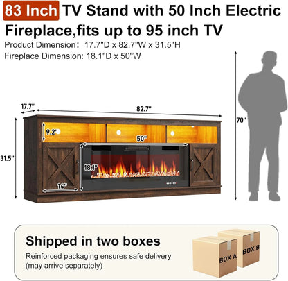 ChVans 70" Fireplace TV Stand for TVs up to 80" with 36" Electric Fireplace, Farmhouse Entertainment Center with LED, Wooden Media Console for Living Room, Bedroom