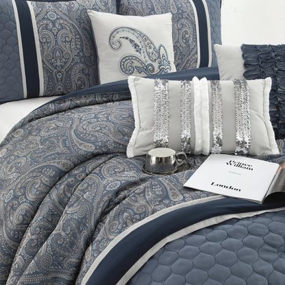 Lanco Smoke Grey Comforter Set California King Size, 9 Piece Jacquard Floral Bedding Set, All Season, Ultra-Soft, Matching Pillows & Shams, Bed Skirt