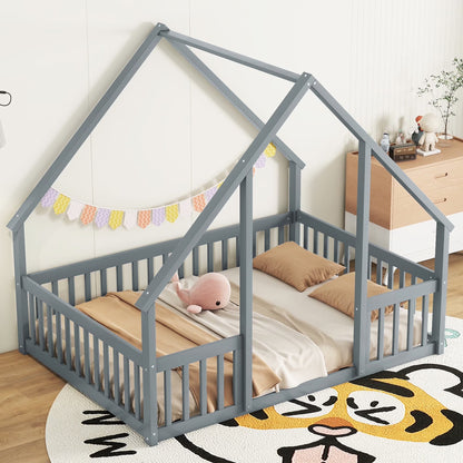 Bellemave Twin Size Floor Bed Frame, Wooden House Bed Twin Size with Fence, Montessori Bed with Guardrails for Bedroom (White)