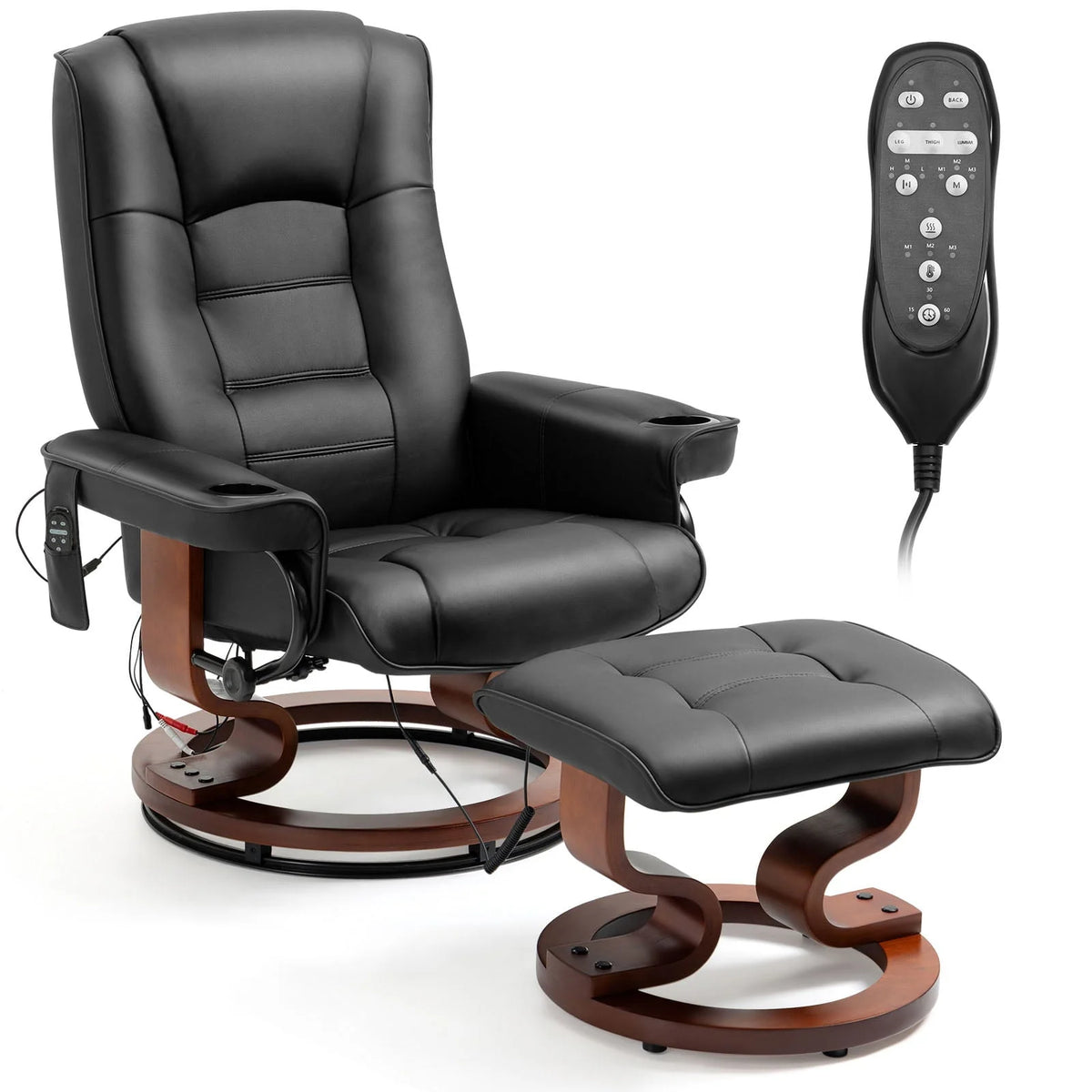 AVAWING Recliner Chair - Vibration Massage, Faux Leather, Ottoman, Swivel - Black
