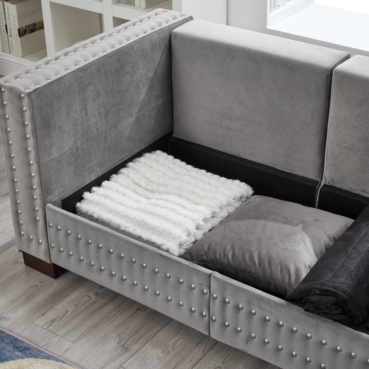 Modern Velvet Sofa Set 2+3 Seater Sofa Loveseat Couch with Silver Nail Trim, Square Armrests and Hidden Storage, Luxury Living Room Couch with Pocket Spring Cushions