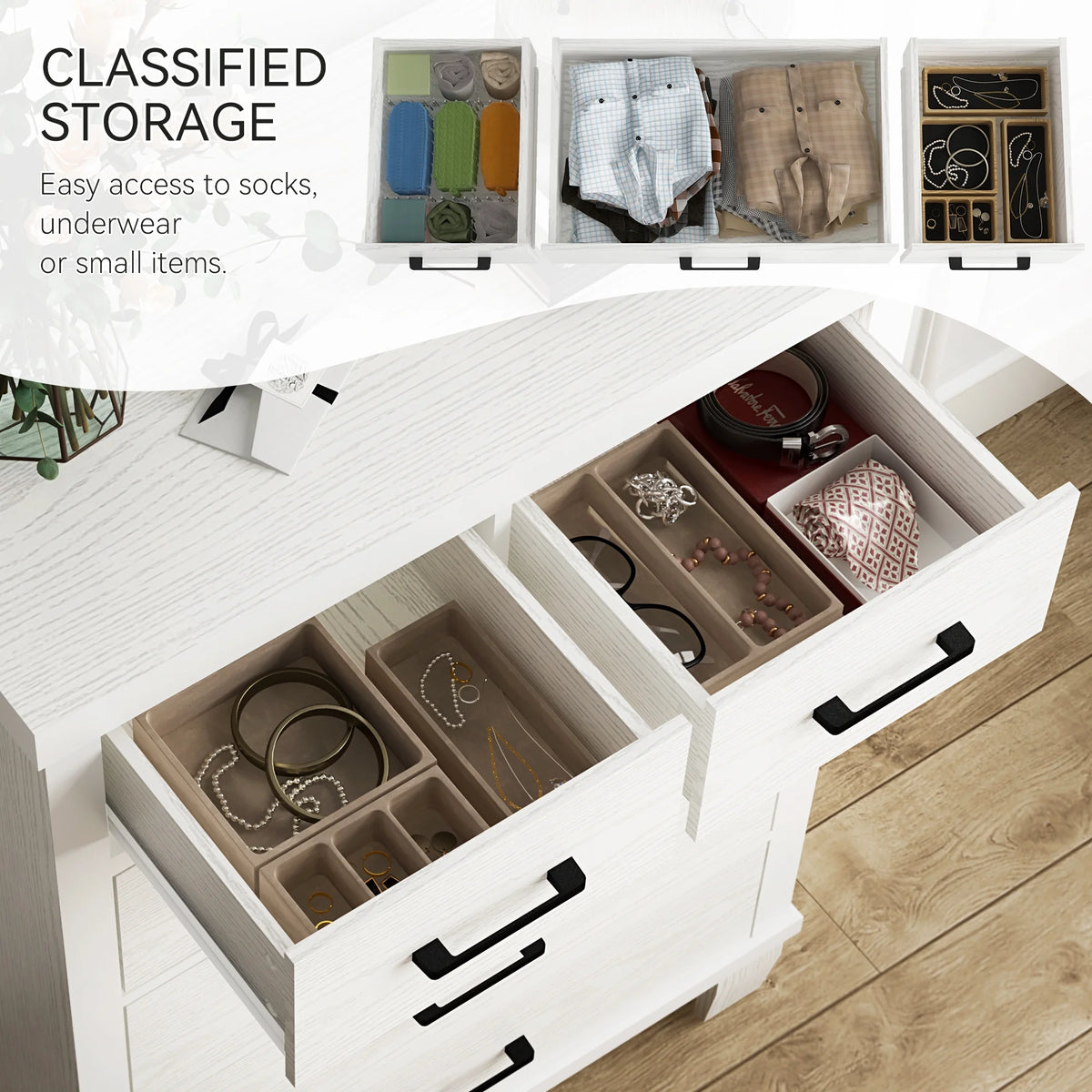 Homhougo White Dresser for Bedroom 6 Drawer, Wood Organizer Storage Cabinet with Gray Strip Drawer Door, Chest of Drawers for Closet, Living Room, Hallway, Nursery, Kids Bedroom
