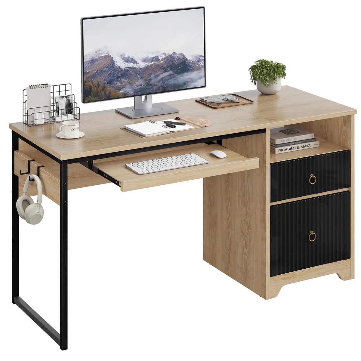 Bestier 55 Inch Office Desk with Drawers, Keyboard Tray, 2 Hooks, Modern Fluted Computer Desk for Home, Grey