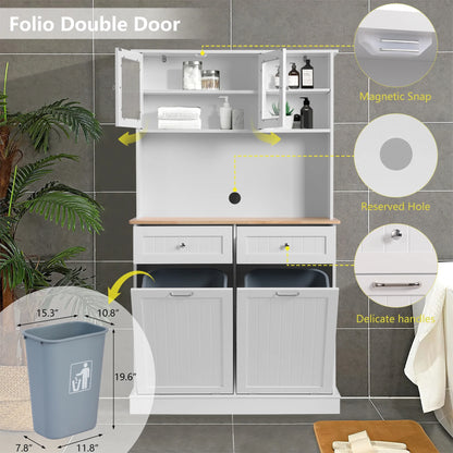KIGOTY Dual Kitchen Trash Cabinet, Double Tilt Out Trash Can Cabinet with Countertop and Drawer, Free-Standing Pet Proof Recycling Cabinet Garbage Can Holder, Wood (White)