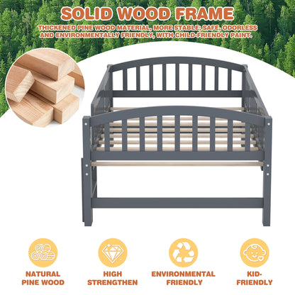 SESSLIFE Twin Size Platform Bed, Solid Wood Twin Bed Frame with Slats, Fence Guardrail Ladder, Twin Floor Bed with Strong Legs for Boys Girls, No Box Spring Needed, Holds 400 lbs, White