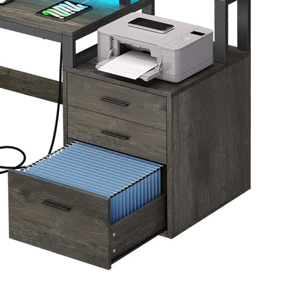 Dextrus 65" L Shaped Desk with Power Outlets and Monitor Stand , Computer Desk with LED Light &File Cabinet, Corner Desk with 3 Drawers & 4 Open Storage Shelves, Modern Home Office Desk, White