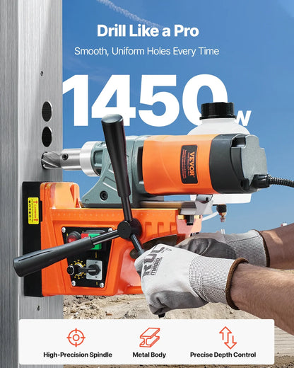 VEVOR Magnetic Drill, 1450W Motor 2 in Boring Diameter, 2878 lbf Portable Electric Mag Drill Press, with 6 Coring Bits, Variable Speed, Drilling Machine for Metal Surface, Home Improvement Industry