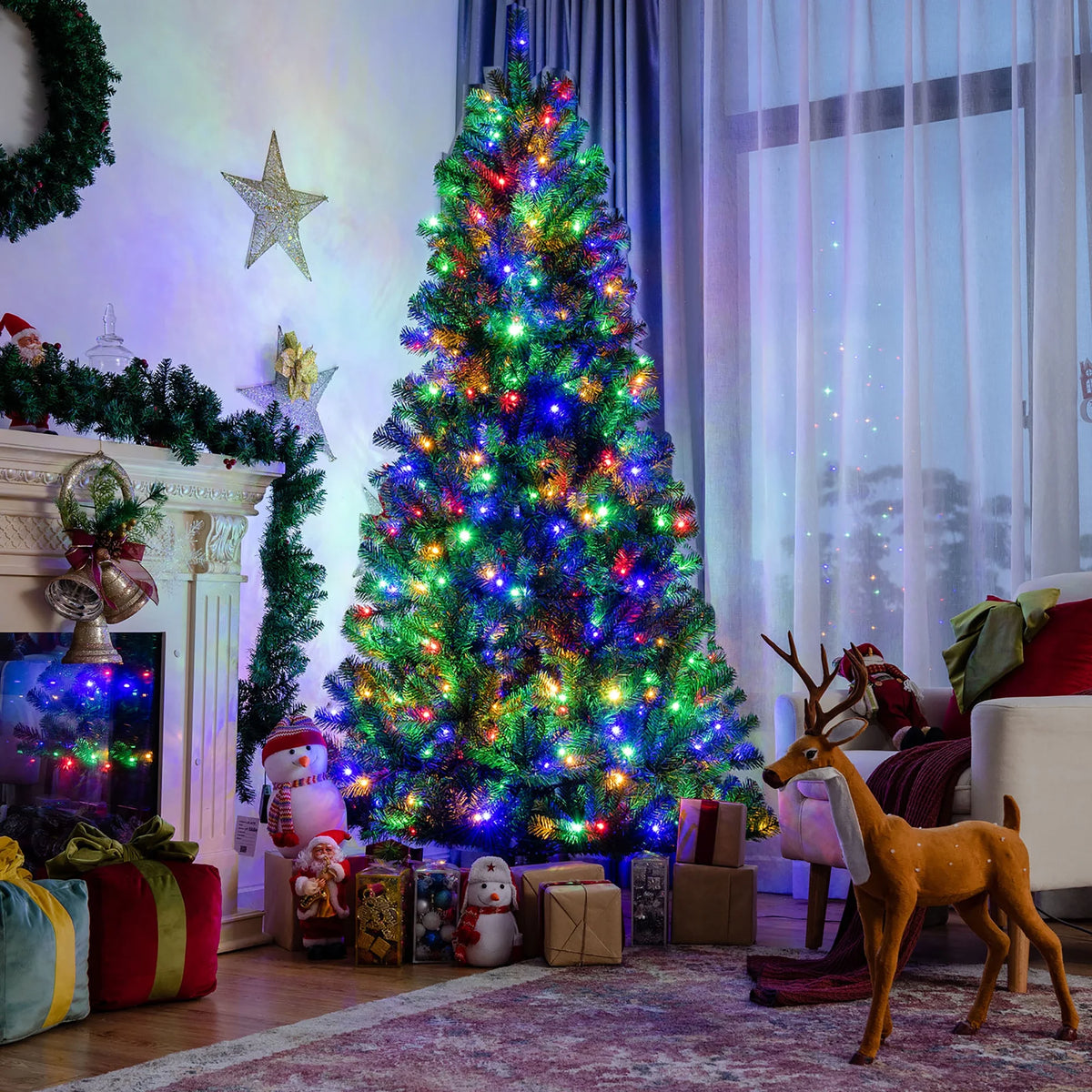 Costway 7ft Pre-lit Hinged Christmas Tree w/ Remote Control & 9 Lighting Modes