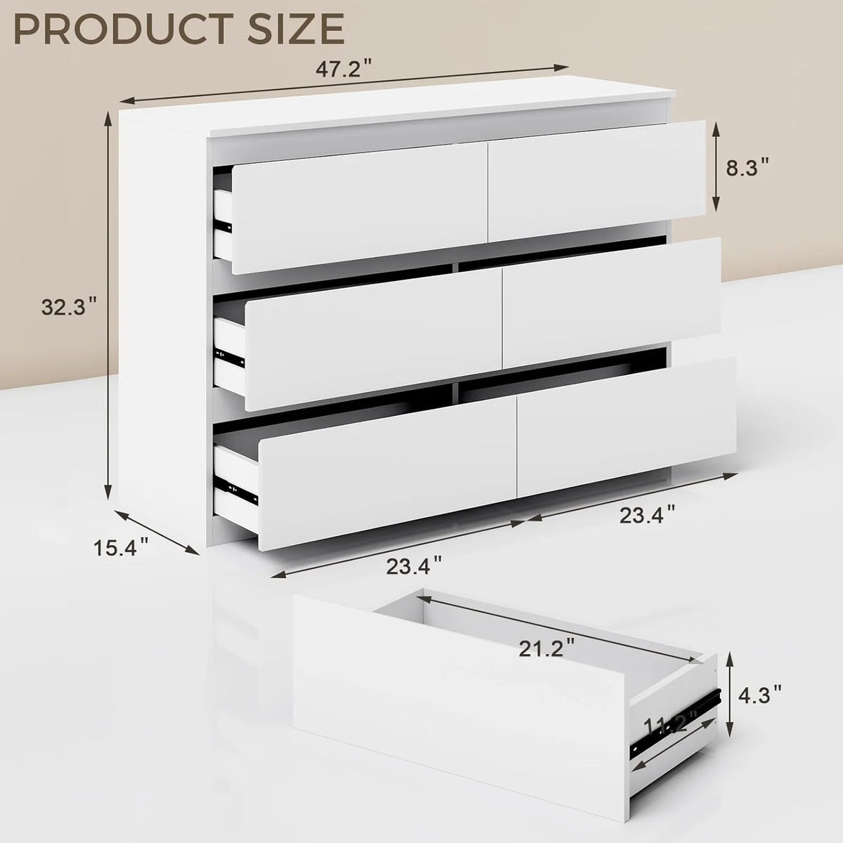 Selooye White Wood Dresser, 6 Drawer Dresser for Clothes Storage,Bedroom, Modern White Dresser with Wide Drawers, Wide Wooden Chest Drawers for Living Room, Entryway, TV Stand