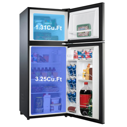 Galanz 4.6. Cu ft Two Door Mini Refrigerator with Freezer, Stainless Steel, New, Width 19.13"