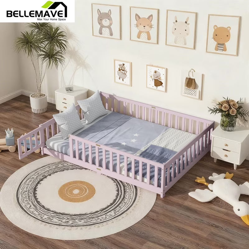 Bellemave Full Size Floor Bed with Door and Fence Floor Bed with Bed Slats Sturdy Wood Floor Bed Montessori Bed Frame (Full, Pink)