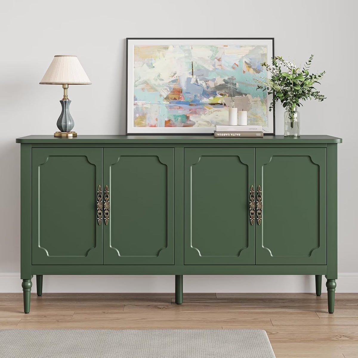 May in Color Console Cabinet, 58'' Wood Sideboard Buffet Cabinet with Storage & 4 Doors, Mid Century Modern Pantry Cabinet for Entryway, Living Room, Bedroom, Dining Room, Green
