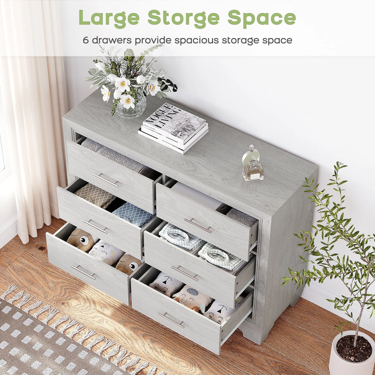 Homhougo White Dresser for Bedroom 6 Drawer, Wood Organizer Storage Cabinet with Gray Strip Drawer Door, Chest of Drawers for Closet, Living Room, Hallway, Nursery, Kids Bedroom