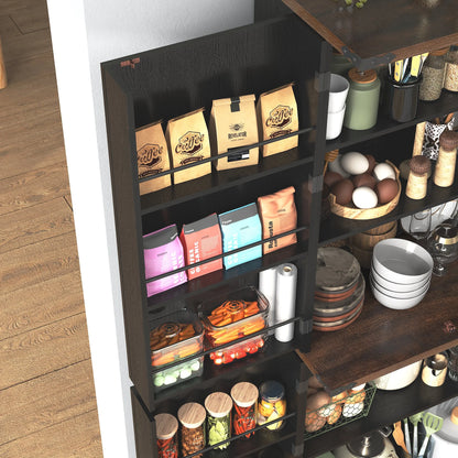 71" Tall Farmhouse Kitchen Pantry with 12 Side Shelves & Adjustable Shelves, 5 Layers Pantry Storage Cabinet w/Load-Bearing Steel Pipe & 4 Barn Doors for Kitchen, Dining Room, Living Room, Brown