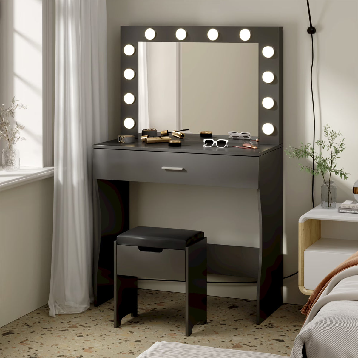Vanity Table Set with Lighted Mirror,Makeup Vanity with Lights, Large Drawer Sturdy Wood Vanity, White