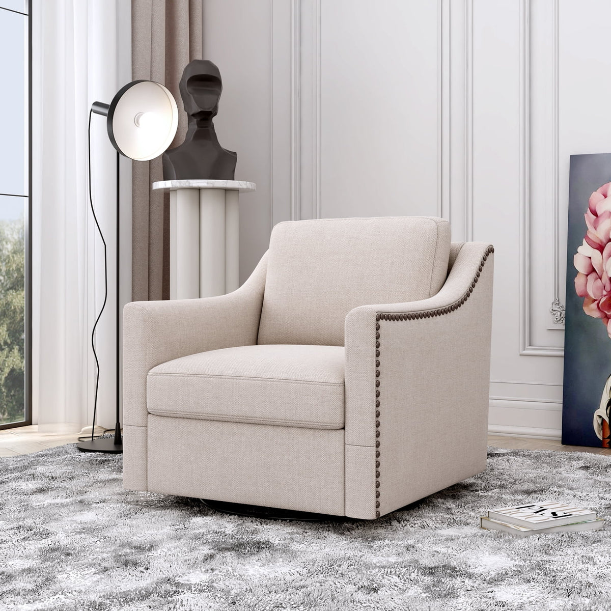 Swivel Accent Chair Armchair, 360�� Swivel Chair in Cotton Linen, Living Room Chairs with Wide Cusion and Curved Armrest, Comfy Barrel Sofa Reading Chairs for Bedroom, Small Spaces, Office, Grey
