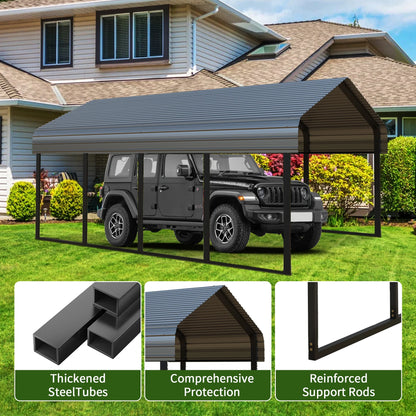 10x20 ft Portable Garage Heavy-Duty Metal Carport Canopy Kit，All-Weather Shelter with Reinforced Galvanized Steel Frame，for RV, Truck, Boat & 1 Cars Storage，Multi-Use Party Tent