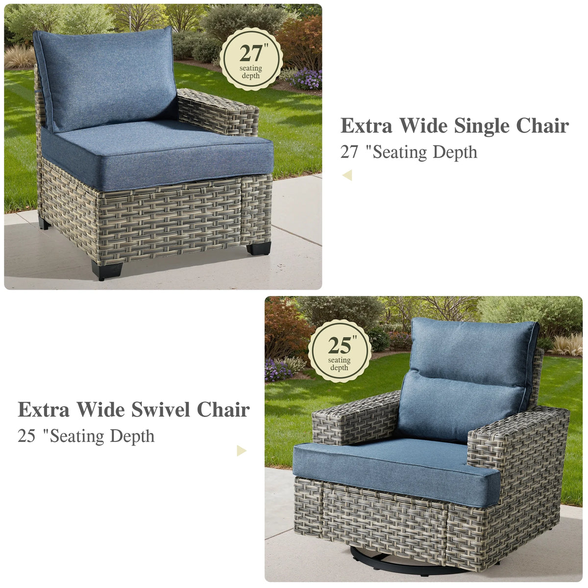 Ovios 10 Pieces Outdoor Patio Furniture Modern High-Back All-Weather Wicker Sectional Conversation Set with Propane Fire Pit Table & Swivel Chair, Dark Gray