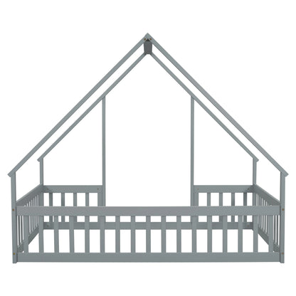 Bellemave Twin Size Floor Bed Frame, Wooden House Bed Twin Size with Fence, Montessori Bed with Guardrails for Bedroom (White)