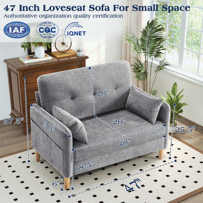 BedLuxury 47'' Wide LoveSeat, 2-seat Chenille sofa with 2 Pillows for Living Room and Small Spaces, Dark Grey