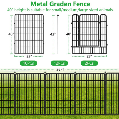 Txh001 Metal Garden Fence 28ft(L)��40in(H) Animal Barrier Metal Decorative Garden Fencing with Gate