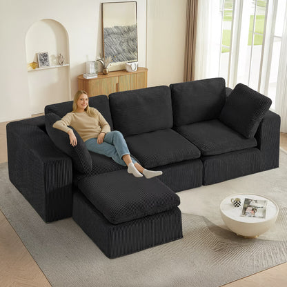 Cloud Sectional Couches for Living Room, Modular L-Shaped Sofa with Ottoman, Corduroy Sleeper Sofa Bed, No Assembly Compression Memory Foam Couch,White