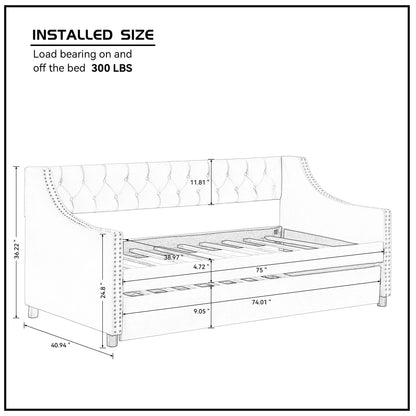 Daybed with Trundle, Twin Size Velvet Upholstered Daybed Frame with Tufted Button Back & Copper Nail on Arms, Wood Sofa Bed Frame for Living Room Bedroom, No Box Spring Needed, Grey