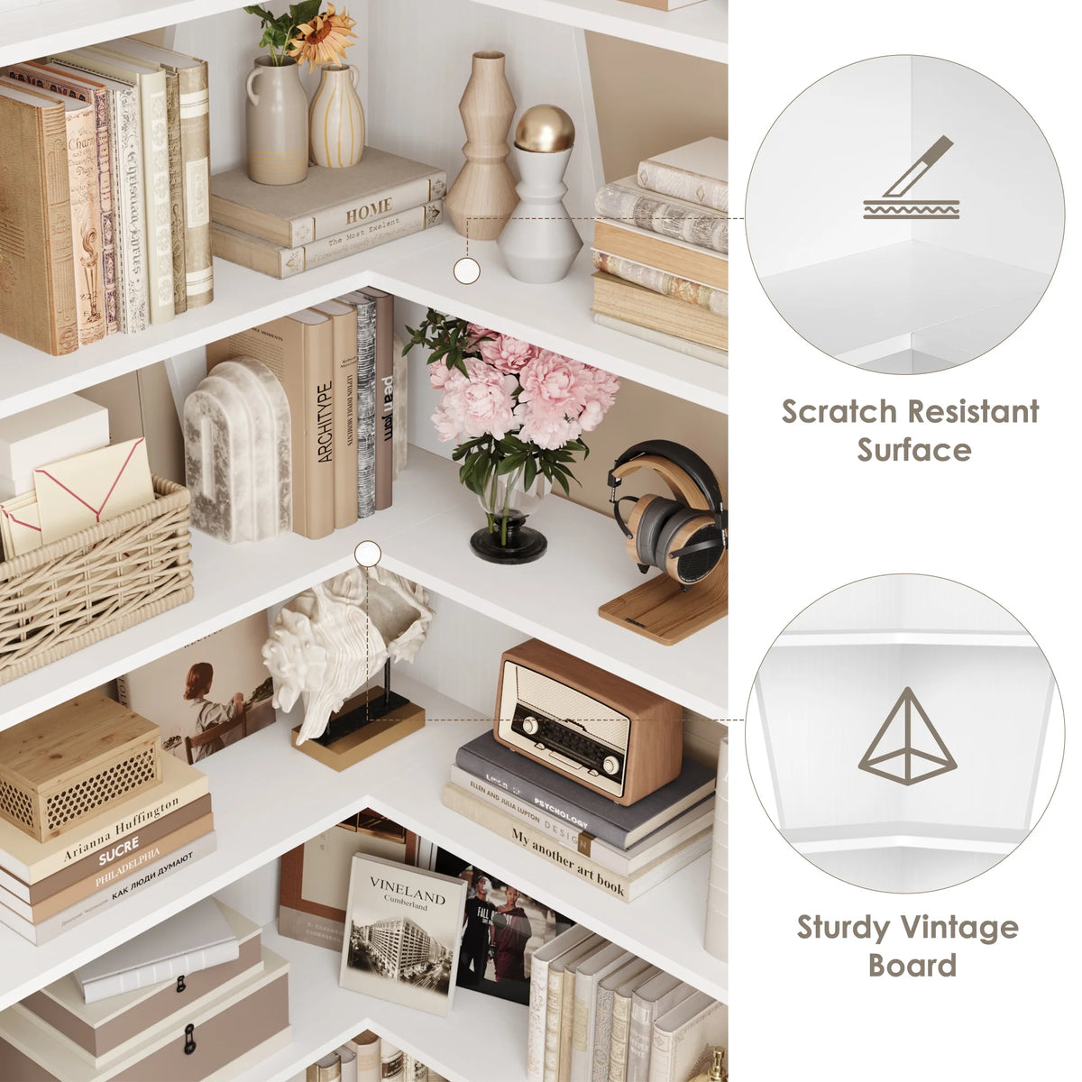 Homfa 6-Tier Corner Bookcase, L-Shaped Bookshelf with Baffle, Storage Display Rack for Office Living Room, Gray