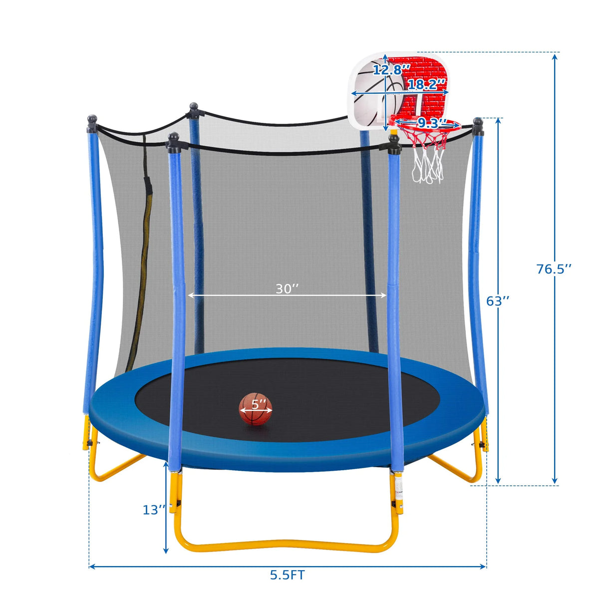 Leuco 66" Kids Trampoline with Basketball Frame, Rubber Ball and Enclosure Net, 5.5ft Mini Small Toddler Trampoline Toys for Indoor and Outdoor Use, Age for 1-8 years old