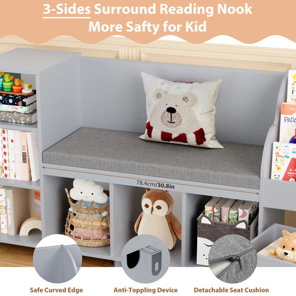 Homfa Kids Bookshelf with Reading Nook, 6 Shelf Bookcase with 1 Wood Toy Bin with 3 Tier Book Rack for Children Kidsroom