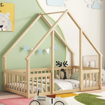 Bellemave Twin Size Floor Bed Frame, Wooden House Bed Twin Size with Fence, Montessori Bed with Guardrails for Bedroom (White)