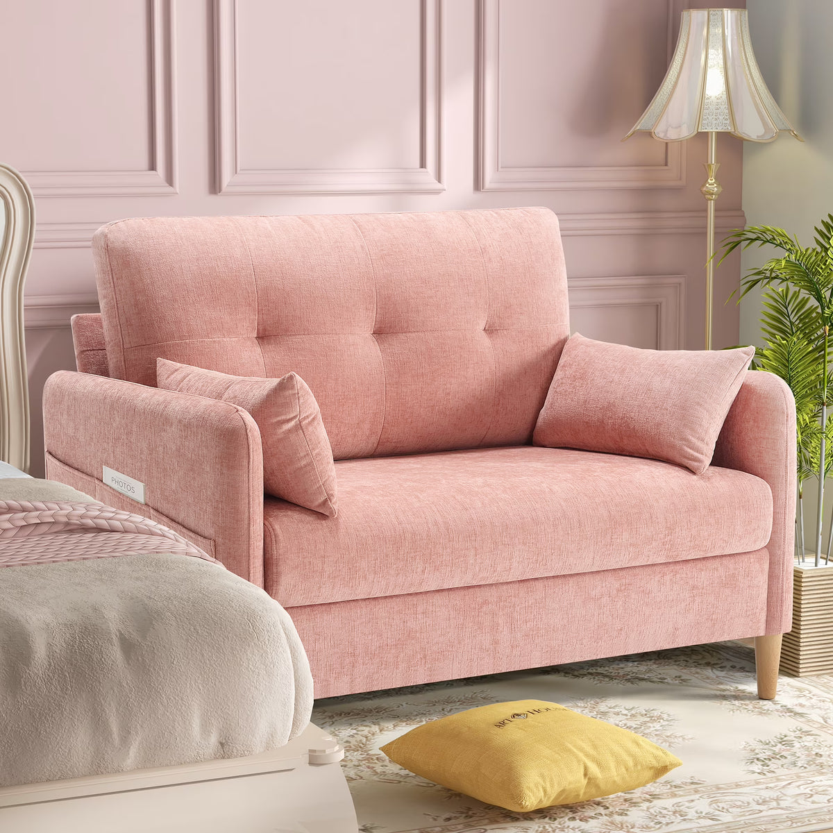 BedLuxury 47'' Wide LoveSeat, 2-seat Chenille sofa with 2 Pillows for Living Room and Small Spaces, Dark Grey