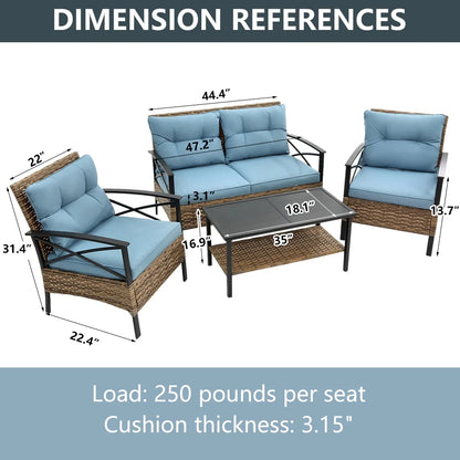 Patio Sofa Set, 4 Pieces Outdoor Sectional Furniture, All-Weather PE Rattan Wicker Patio Conversation Set, Cushioned Sofa Set with Coffee Table for Patio Garden Poolside Deck