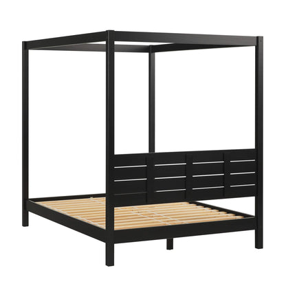 Walker Edison Minimalist Slatted Wood Queen Canopy Bedframe, Natural Pine