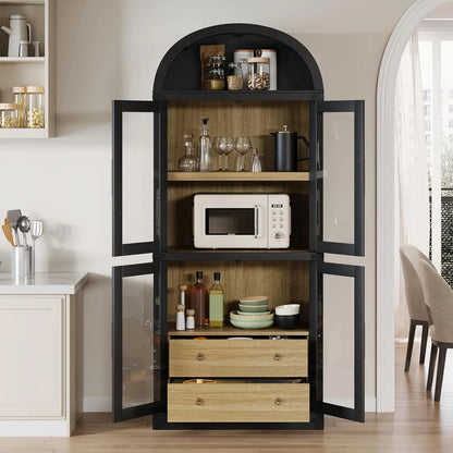 Arched Kitchen Pantry Storage Cabinet with 2 Drawers, 71-Inch Tall Farmhouse Wood Bookcase with 4 Doors for Kitchen Dining Room Bathroom