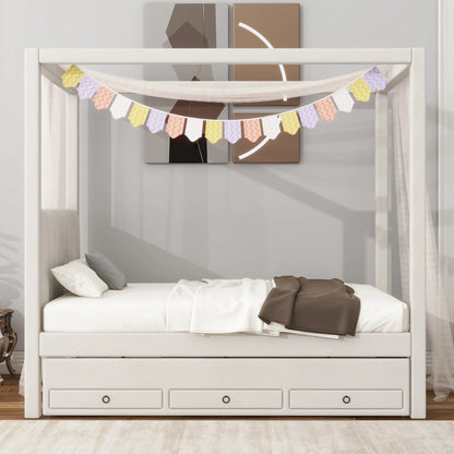 EUROCO Upholstered Full Size Canopy Bed Frame with Trundle Bed and 3 Drawers, Platform Bed with Headboard for Kids Teens Adults, Beige
