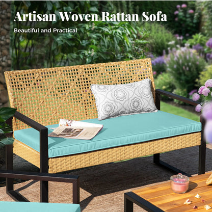 MF Studio 4-Piece All-Weather Rattan Patio Furniture Set, Outdoor Conversation Set with Wood Table, Brown and Beige
