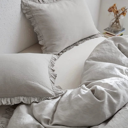 Simple&Opulence 100% Washed Linen Duvet Cover Set-3 Pieces Shabby Chic Premium Ruffled Bedding with 1 Comforter Cover and 2 Pillowshams France Flax High End Frill Sets Vintage Style(King, White)