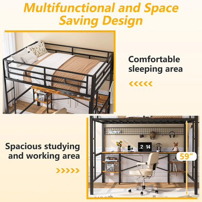 Twin Loft Bed with Desk, UHOMEPRO Metal Loft Bed with LED Lights, Charge Station, DIY Mesh, Clothes Rail, 4 Storage Shelves, Safety Rails and 2 Ladders, Loft Bed for Teen Adult, Black