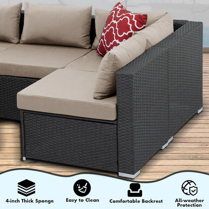 7 Piece Patio Furniture Sets Outdoor Sectional PE Rattan Outdoor Furniture Patio Conversation Set with Cushions and Glass Coffee Table, for Balcony Lawn and Garden, Gray