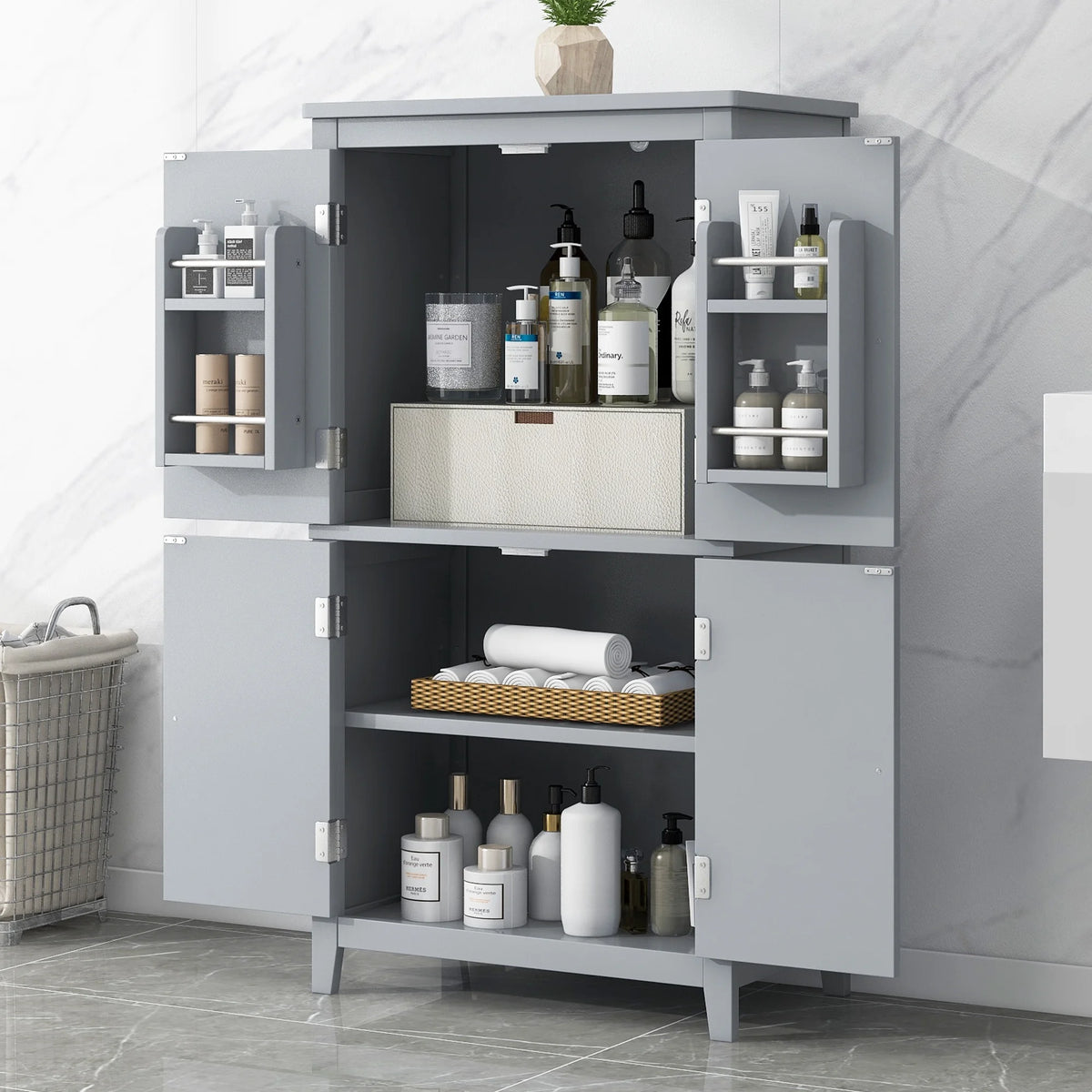 Elegant Bathroom Floor Storage Cabinet, Bathroom Storage Unit, Freestanding Cabinet with 4 Doors