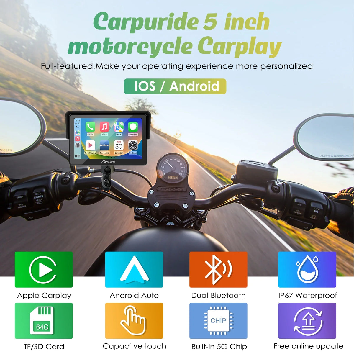 Carpuride W502 Wireless Carplay Screen Motorcycle Display Stereo Bluetooth Waterproof 5"Moto Radio