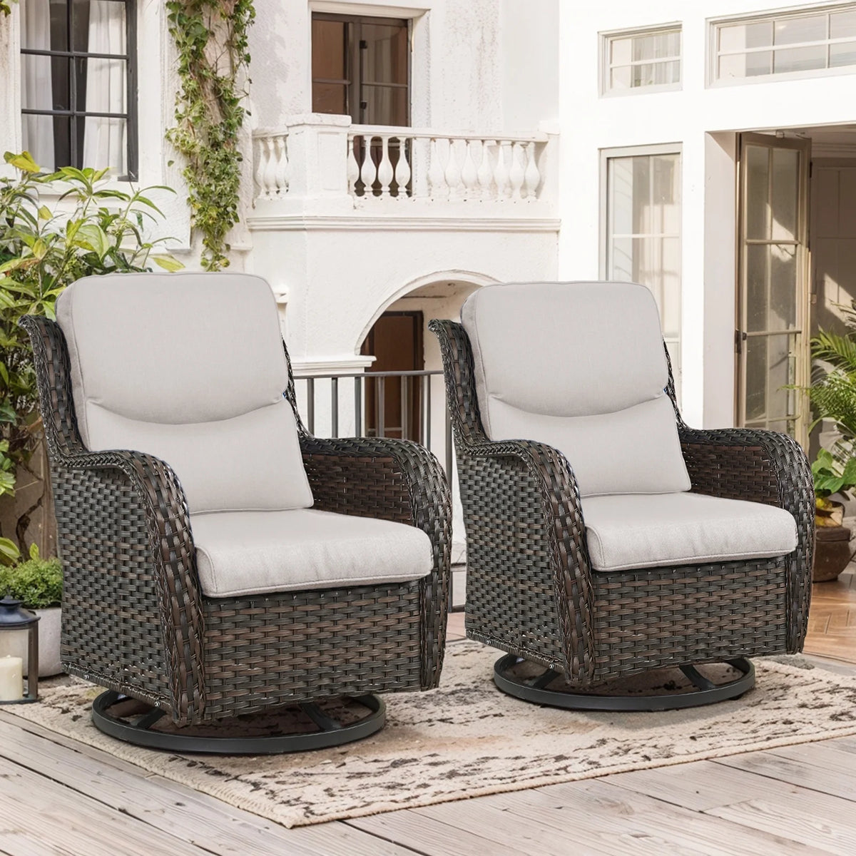 POCASSY Patio Swivel Chairs, Outdoor Wicker Swivel Glider Rocking Chairs with High Back and Thick Cushions for Porch Deck - Set of 2, Beige