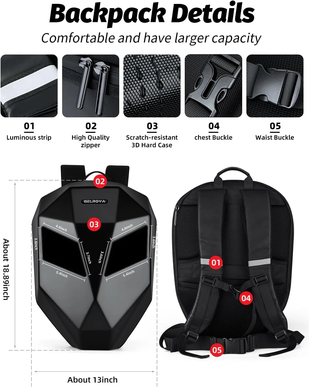 Gelrova Knight LED Bike Backpack, Black Hard Shell Motorcycle Helmet, Small Size 17in