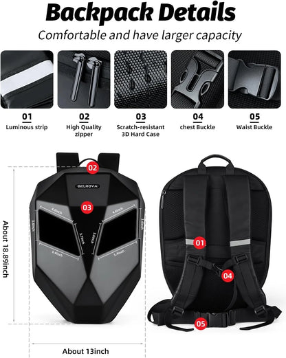Gelrova Knight LED Bike Backpack, Black Hard Shell Motorcycle Helmet, Small Size 17in