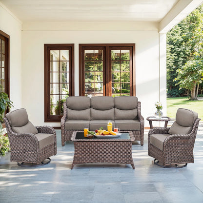 Bellefurn Luxury Outdoor Patio Furniture Set,Swivel Rocker Patio Chairs with 6-inch Thick Cushion,Patio Sofa and Glass Coffee Table,Outdoor Conversation Set for Porch, Deck, Yard