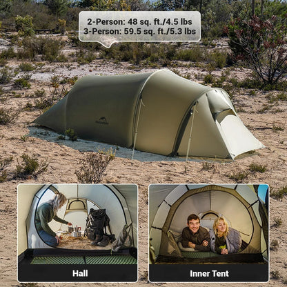 Naturehike, Ultralight Hiking Tent, Tear-resistant Tunnel Tent, Waterproof Camping Tent, Windproof Tent with Hall, 15D Lightweight Silicone-coated Nylon Fabrics,Large size for 2/3 Person.